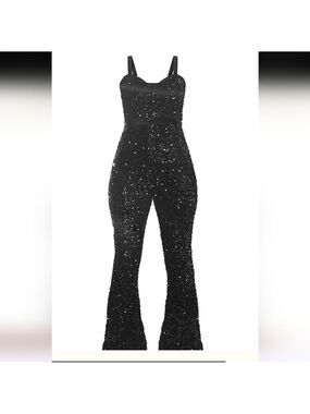 Prettylittlething Black Velvet Sequin Flare Waistband Strappy Jumpsuit